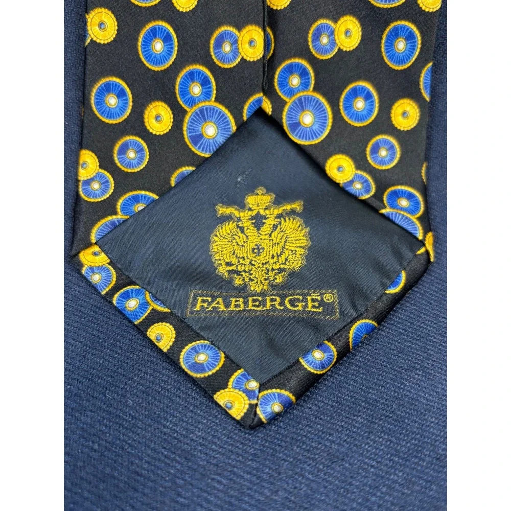 Faberge Silk Necktie Mens Black Blue Yellow Geometric Circle Handmade USA 4x57